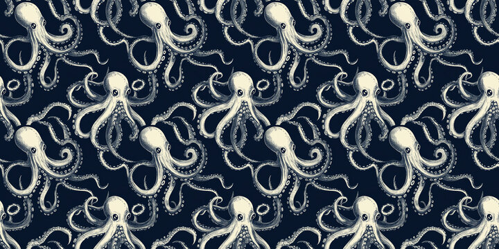 Octopus pattern with ocean-inspired, marine-themed designs. Background seamless pattern.