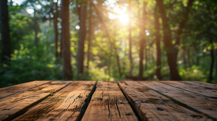 Rustic wooden table stands still in the heart of a lush forest, bathed in soft sunlight. Advertisement , product display, brand 