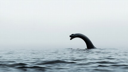 Fototapeta premium A menacing depiction of the Loch Ness Monster with glowing eyes and sharp teeth emerging from foggy waters, creating a chilling and eerie atmosphere.