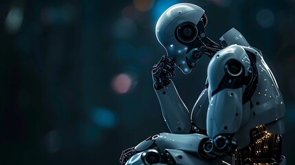 Fototapeta premium A humanoid robot in a contemplative pose, illuminated against a dark backdrop, symbolizing the complexities of AI and machine learning