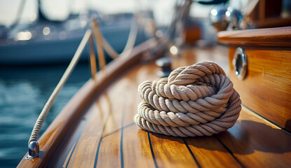 Close-up of the boat's deck with an intricately coiled rope tied to one side, ready for use on your sailboat