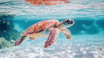 29. Crisp and clear image of a sleek sea turtle gliding through clear water