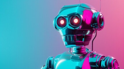 Fototapeta premium A retro-futuristic robot with shiny chrome and glowing LED eyes, posed against a teal and pink gradient, blending vintage design with modern technology
