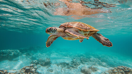 29. Crisp and clear image of a sleek sea turtle gliding through clear water