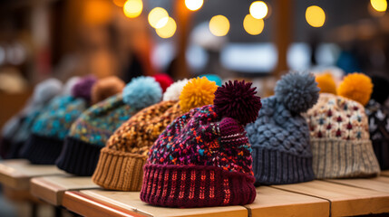 Handmade Wool Beanies with Colorful Pom-Poms at a Holiday Market
