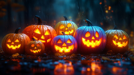 Naklejka premium Vibrant Glowing Jack-O'-Lanterns
