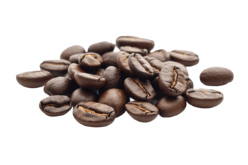 A collection of freshly roasted coffee beans is displayed on a transparent background, highlighting their glossy surface and distinct shapes that reflect their quality. Transparent background PNG