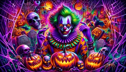 Fototapeta premium Wallpaper de Payasos Terroríficos: Ilustración Vibrante para un Halloween Escalofriante