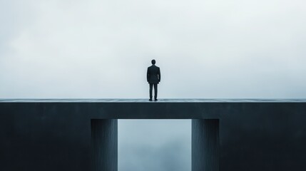 Solitary figure on a bridge, overcast sky, 3D illustration