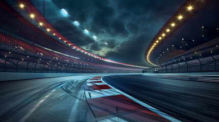 Race track features sweeping curves illuminated by bright lights as night falls, with empty grandstands and tire marks on the asphalt, creating a thrilling atmosphere for motorsport enthusiasts