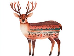 Boho Christmas deer clipart, with tribal-patterned fur, watercolor illustration, earthy tones, isolated on white background