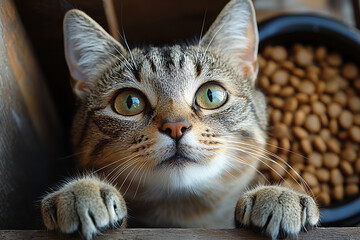  cat lying beside a bowl of dry cat food, staring intently with wide, expressive eyes.
