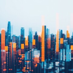 Fototapeta premium Abstract view of a city skyline influenced by economic policy changes, represented by digital overlays of economic data