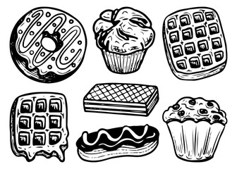 Set of sweet desserts hand drawn doodle. Cupcake, waffle, donut with cream. Baked biscuit snack. Confectionery food. Sugar pastry. Bakery product. Vector outline line art illustration.