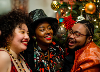 AI generated photo of people celebrating New Year and Christmas in a festive atmosphere with a decorated Christmas tree and holiday winter decoration in the background