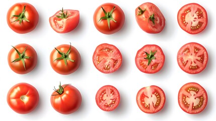 Fototapeta premium Sliced ​​Tomatoes on White Background, Photo Realistic, Abstract Image, Texture, Pattern, Wallpaper, Cover and Screen of Smartphone, Cell Phone, Computer, Laptop, 9:16 and 16:9 Format
