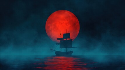 Pirate ship, haunted by ghostly crew, full moon above, eerie mist, Watercolor style