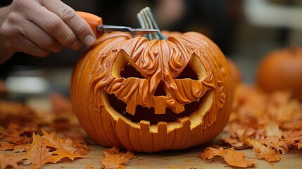 A close-up of a hand carving a halloween pumpkin, with intricate details 