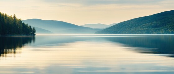 Fototapeta premium Tranquil Lake Surrounded by Misty Mountains at Sunset