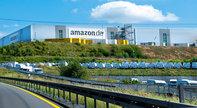 Bad Hersfeld, Germany, 15.08.2024: Amazon warehouse & distribution center building handles online shopping retail internet & technology business development