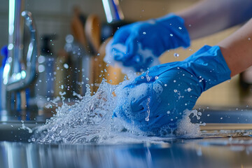 wearing blue gloves washing sponge