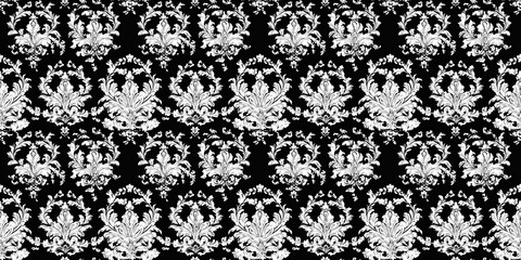 Rococo pattern with ornate, baroque-themed details. Background seamless pattern.
