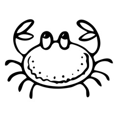 Sea crab hand drawn doodle. Crustacean animal living in ocean and sea. Short-tailed crayfish. Coral reef fish. Diving in water. Vector sketch line art illustration.