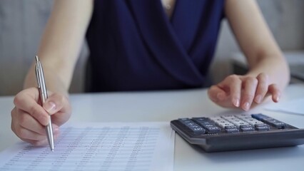 Businesswoman with dark blue dress is using white calculator and taking notes in her office. Taxes and audit in business