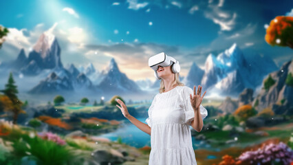 Excited smiling woman looking by VR surround wonderful fairytale forest mountain ice wonderland...