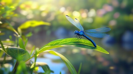 A blue dragonfly perched on a green leaf, its wings sparkling by a tranquil pond with vibrant flowers.
