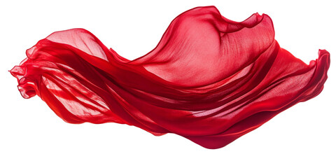 Fototapeta premium A vibrant red fabric gracefully drapes and flows, creating an elegant display of movement and texture, perfect for design projects or textiles. Transparent background PNG