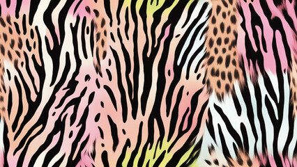 Animal print fusion background with zebra, leopard, and tiger patterns in soft faux-fur textures, perfect for wallpapers