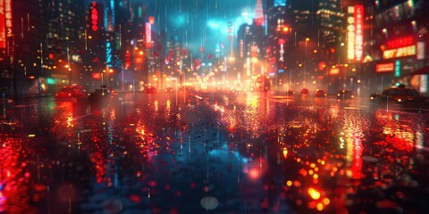 Fototapeta premium Rain-soaked city street at night with vibrant reflections and glowing neon signs