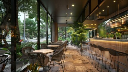 Fototapeta premium Modern Cafe with Outdoor Seating and Greenery