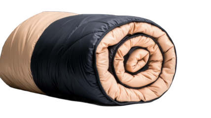 A cozy and rolled sleeping bag in beige and black, perfect for camping trips and outdoor adventures.