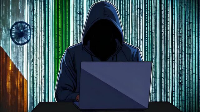 Hacker against abstract Indian flag iconic tricolor and Ashoka Chakra on background. attacking internet Hacking malware concept. Hacker abstract laptop binary code digital interface
