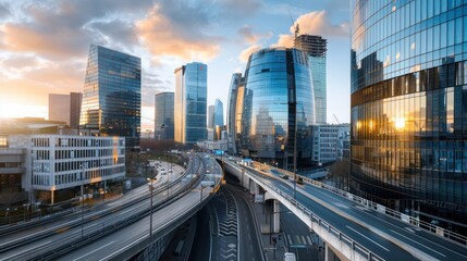 Obraz premium Modern Cityscape with Sunset Reflections