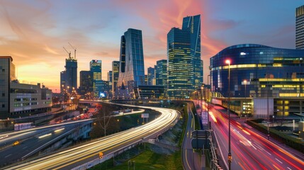 Fototapeta premium Paris Skyline at Twilight with Traffic