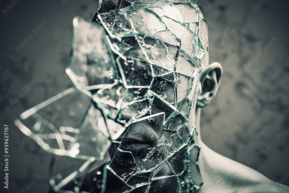 Canvas Prints A person's face covered in shattered glass. AI.