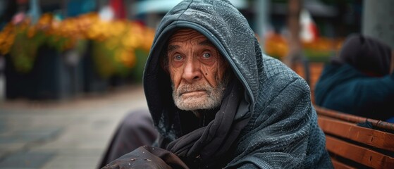 A man in a hooded jacket sits on a bench. AI.