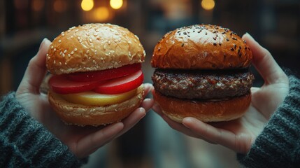 Hands holding a vegetarian and a beef cheeseburger outdoors, illustrating food choice comparisons