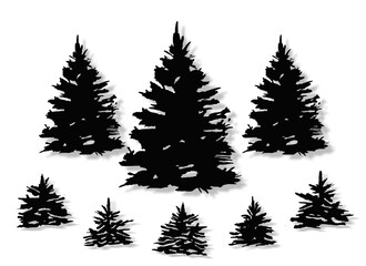 Set of isolated black contour Christmas trees hand drawn White background