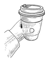 Cup of coffee in hand, hand drawn sketch. Mug thermos for hot drinks. Coffee shop. Coffee house. Vector outline line art illustration.