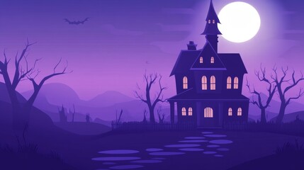 A spooky, atmospheric illustration of a haunted house under a full moon, surrounded by eerie landscapes.