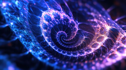 Abstract fractal web in the shape of a spiral, featuring delicate, intricate lines in glowing blues and purples.