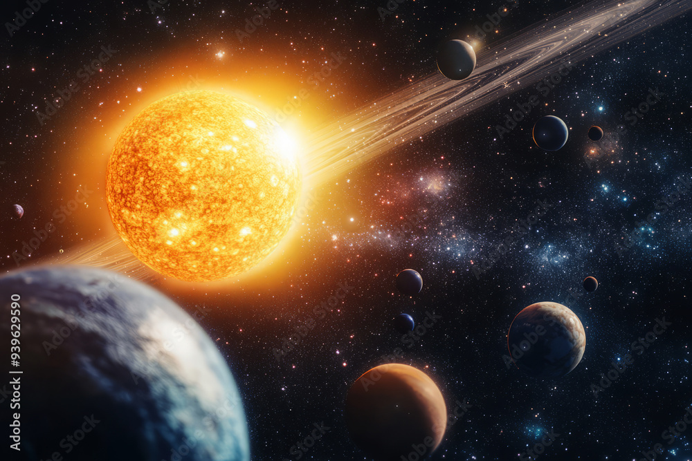 Sticker planets are orbiting massive star in deep space. planetary system and glowing star