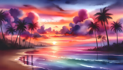 Tropical Sunset with trees Background