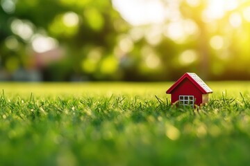 Small red toy house on green grass with bright sunlight