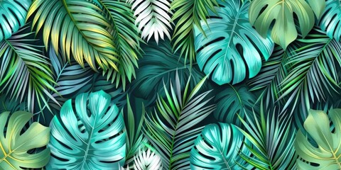 Dense jungle foliage featuring vibrant green leaves in a lush tropical setting