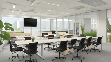 An office space with a relaxation area includes cozy seating, calming decor, and a peaceful ambiance.